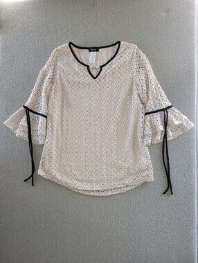 Onyx Apparel Size Medium Beige Crochet Lace Bell Sleeve Blouse Top